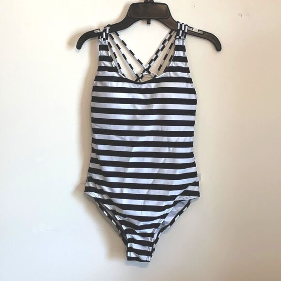 Cross1946 | Women’s Black White Striped One Piece Monokini Swimsuit Bathing Suit - Picture 1 of 9